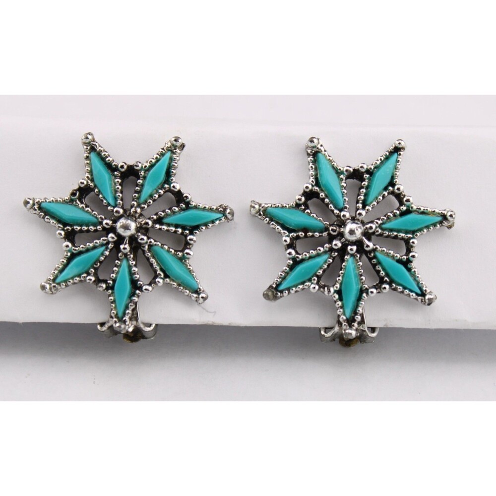 Vintage Southwest Lucite Turquoise Star Clip Earrings Silver Tone